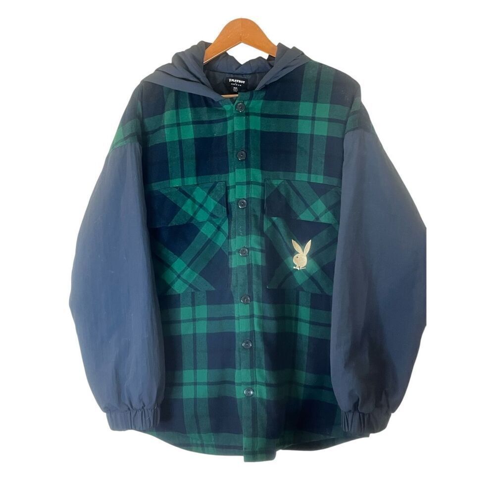 Playboy Vintage Pacsun Green & Blue Button Up Quilt Lined Hooded Flannel Top Jac